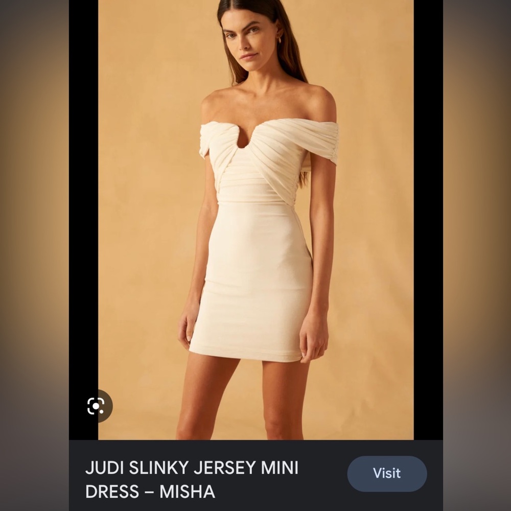 MISHA - Judi off the shoulder draped slinky mini dress. Cream color size US 6 - Picture 6 of 8